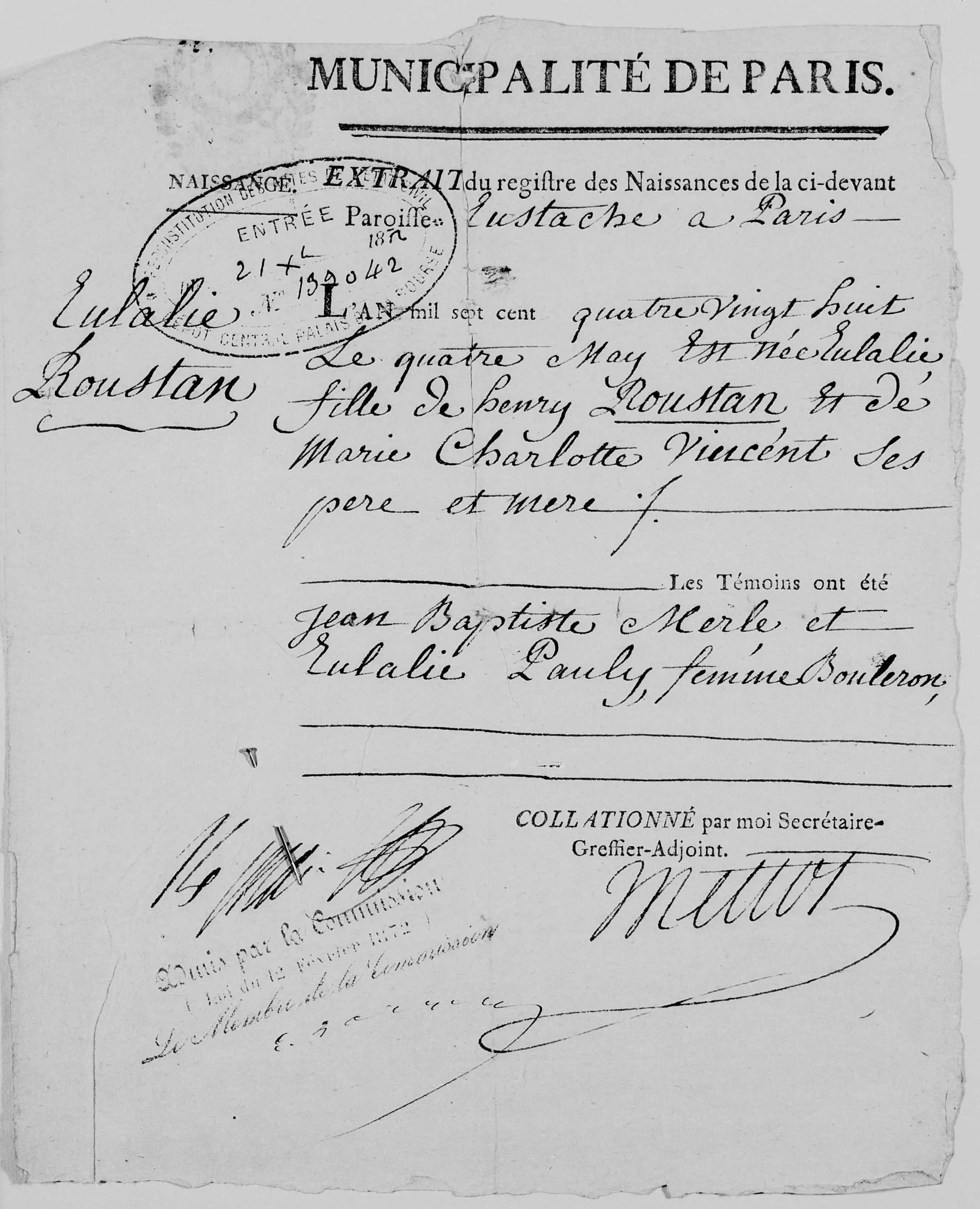 Reconstituted birth record for Eulalie Roustan on FamilySearch