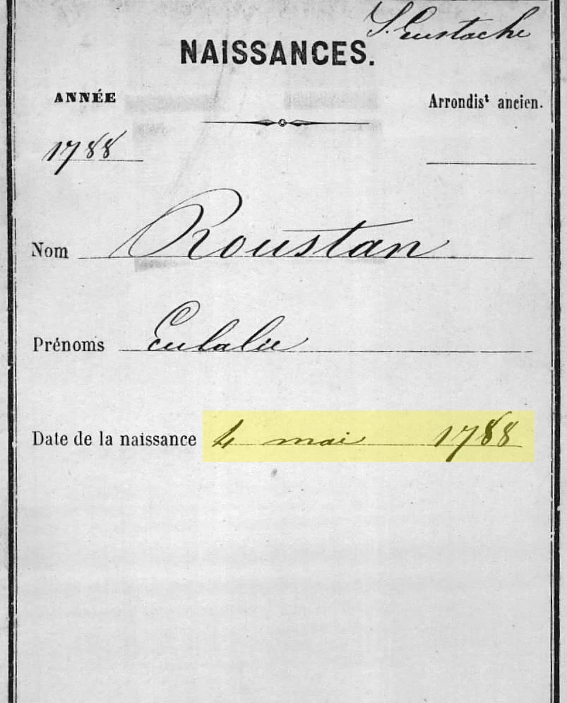 Index card for Eulalie Roustan's birth record